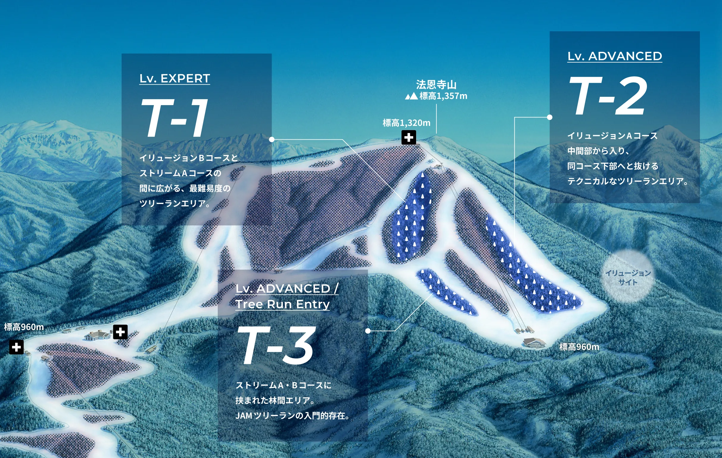 ツリーランエリア エリアマップ（T-1 / T-2 / T-3）