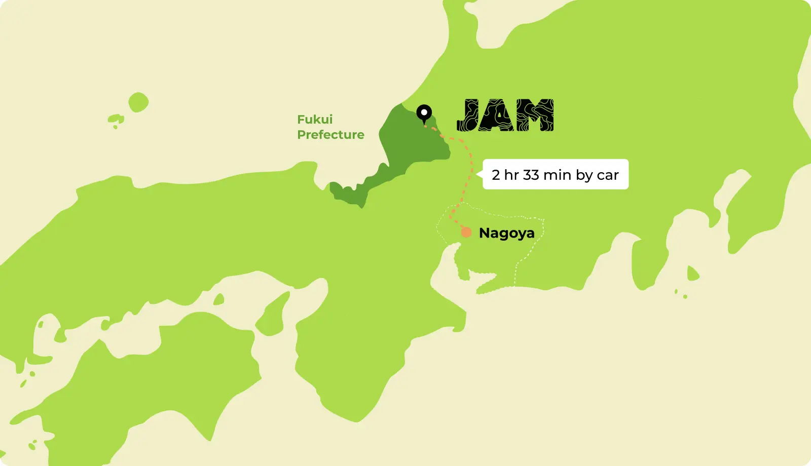 Map of Japan with route from Nagoya to JAM