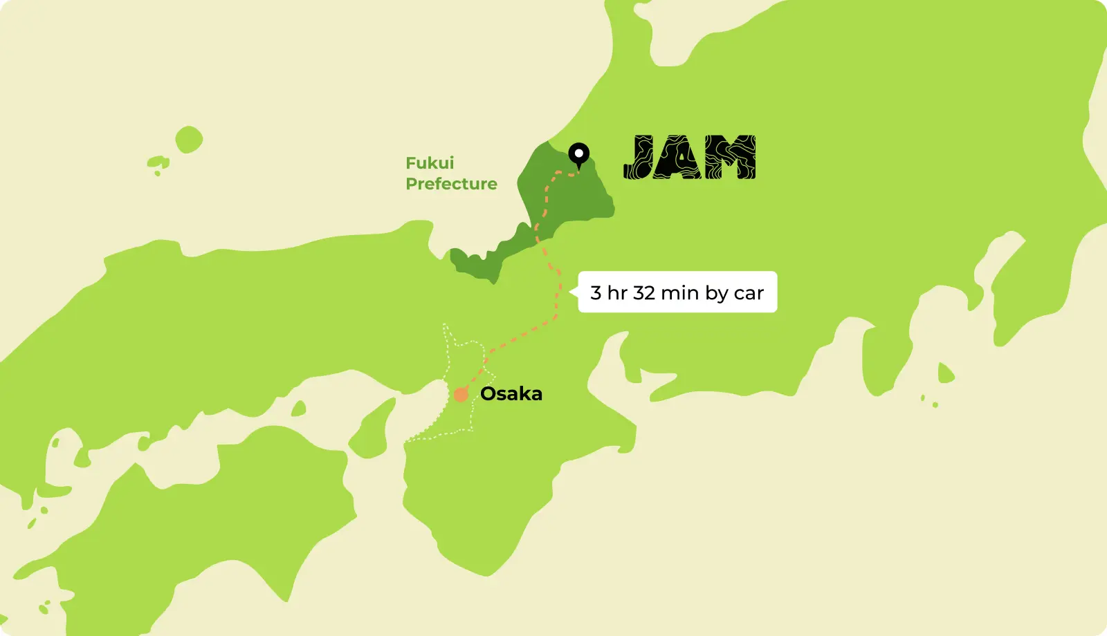 Map of Japan with route from Osaka to JAM