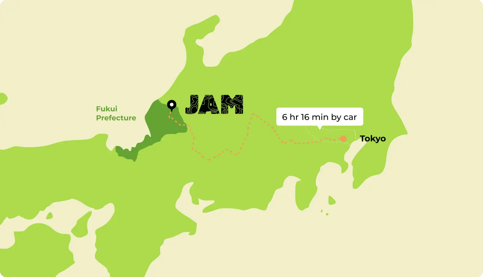 Map of Japan with route from Tokyo to JAM
